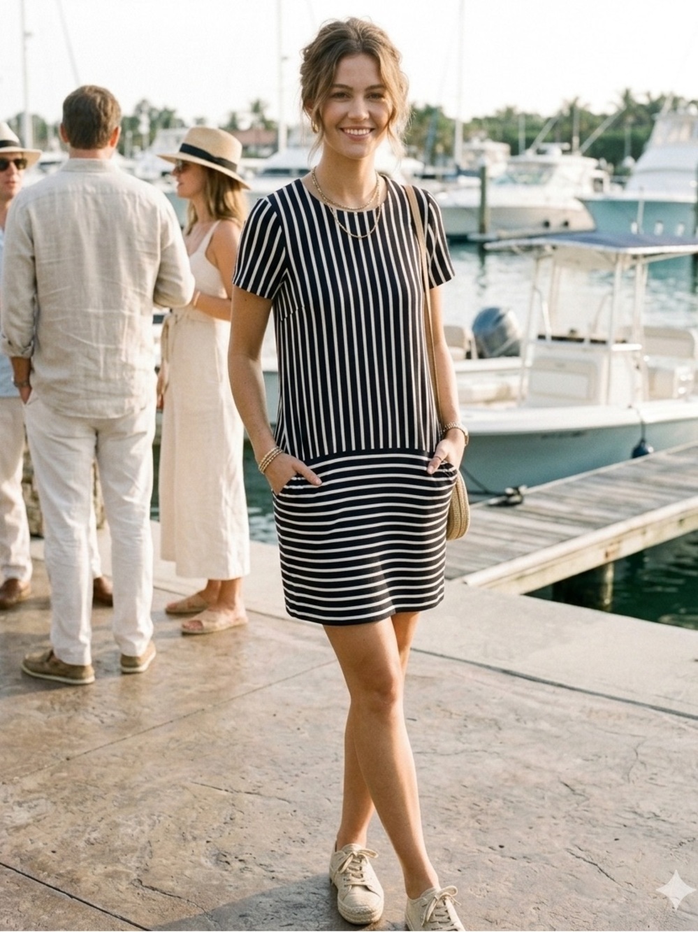 Uniqlo Navy and White Striped Mini Dress with Pockets - Size M